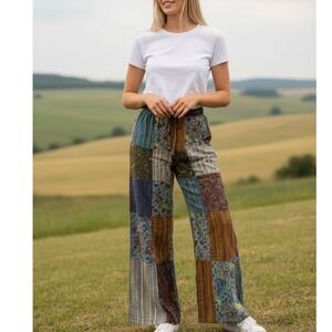 Kathmandu Imports Patchwork Pants Multi Color Cotton Mushroom Wide Leg M/L NEW
